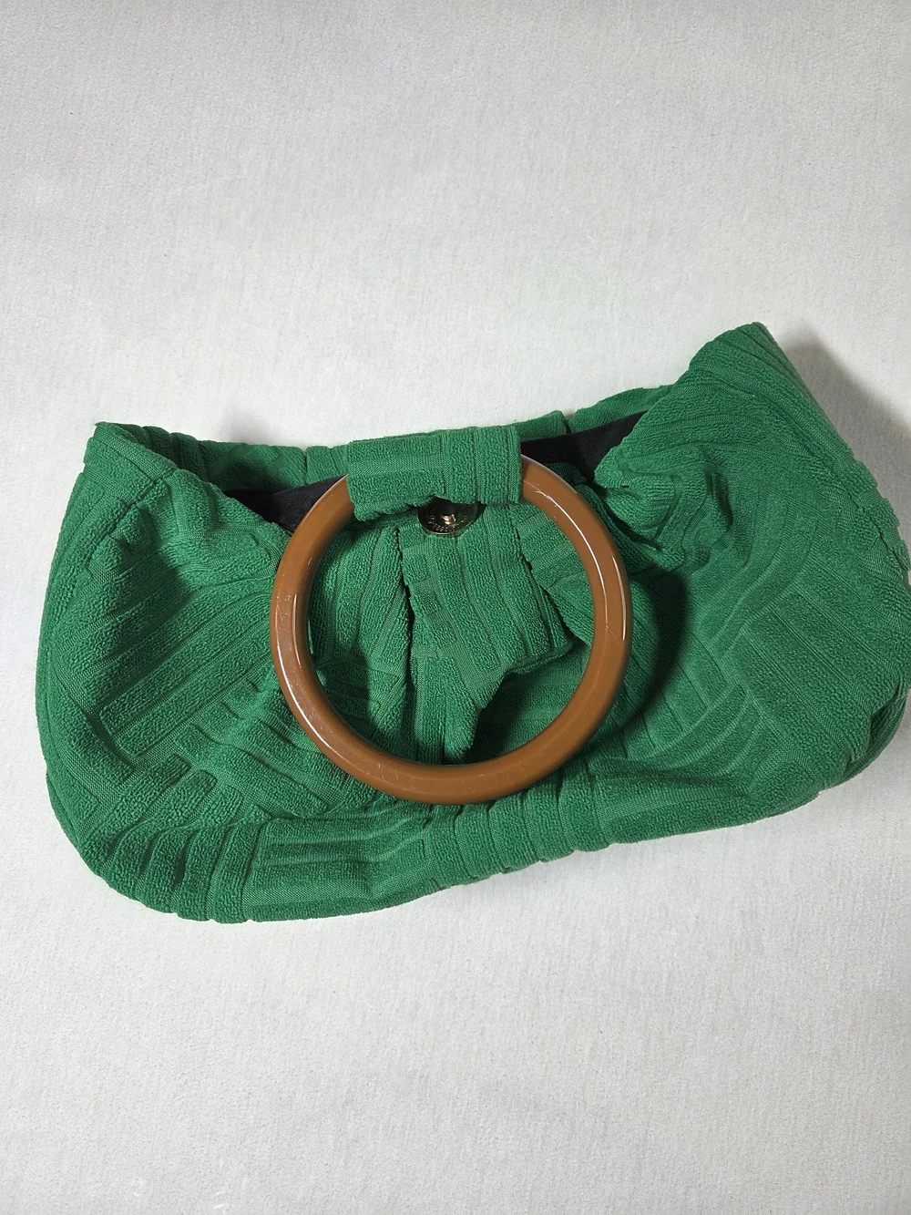 Source Unknown Emerald Green Knit Clutch with Brown Top Handle